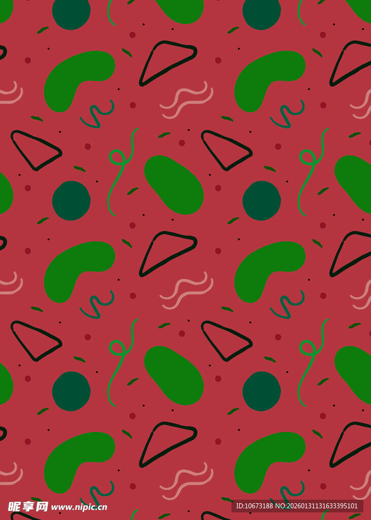 红色底绿植几何图案背景
