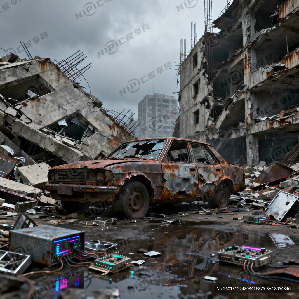 城市废墟 破旧汽车 赛博朋克