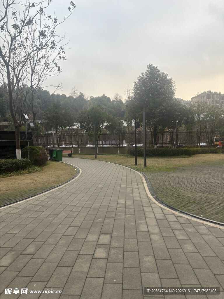 公园中蜿蜒的砖石步道