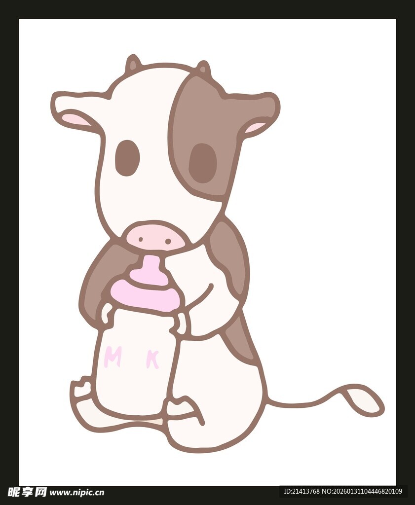 可爱小牛抱着奶瓶