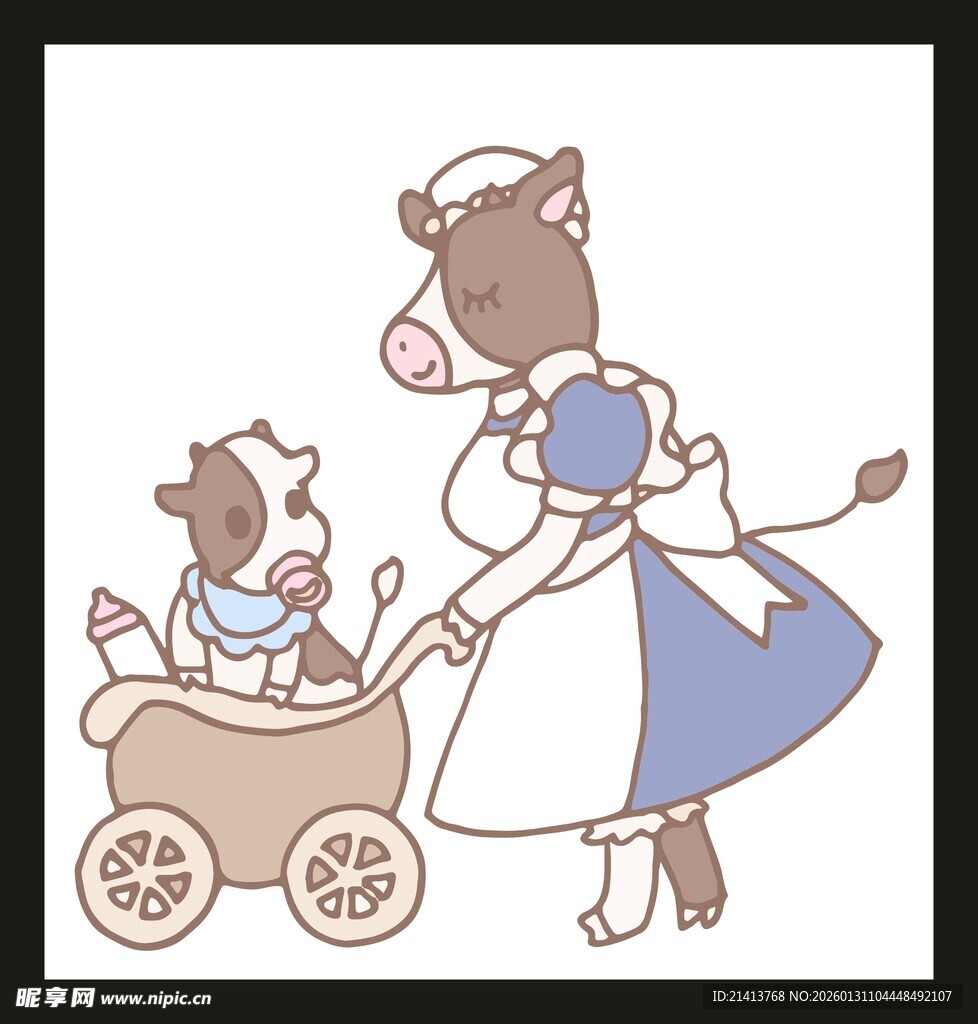 牛妈妈推小牛宝宝散步