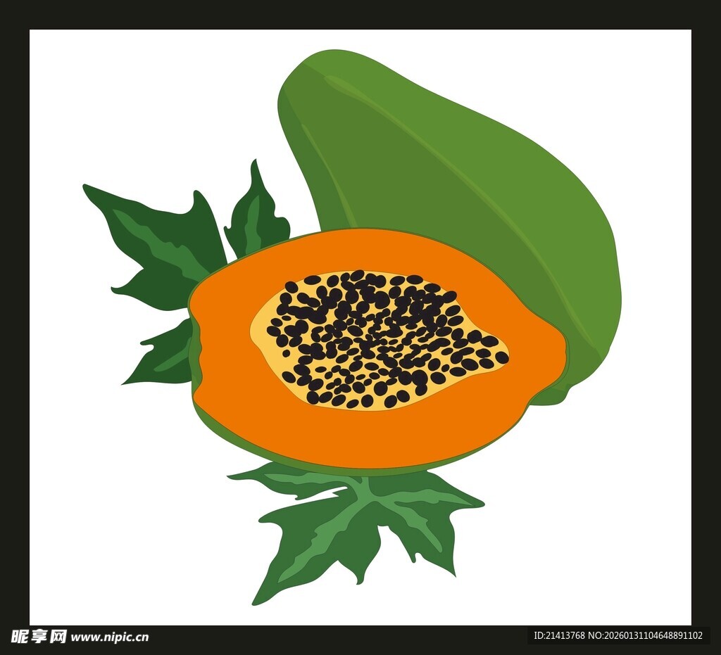 切开的木瓜及绿叶