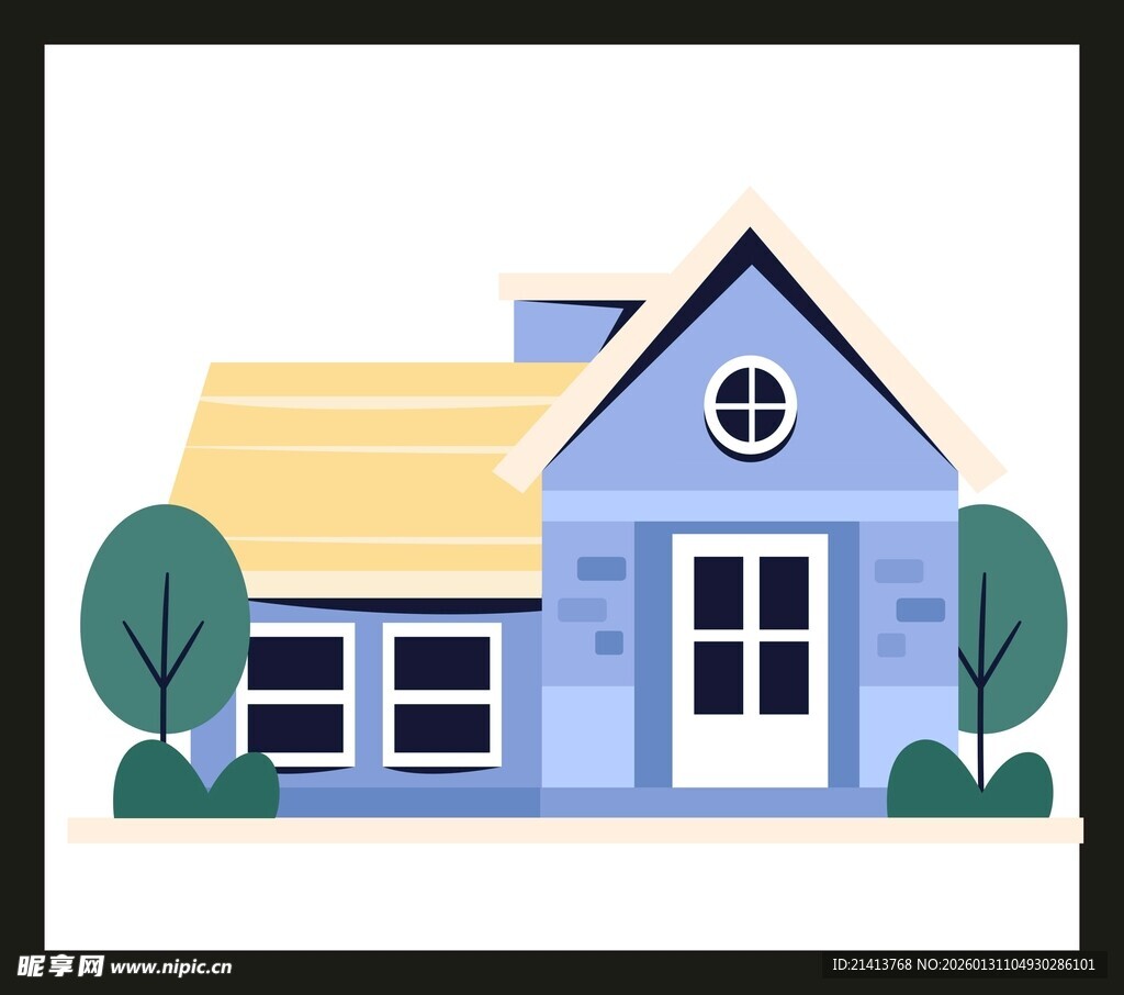 蓝色小屋与绿植