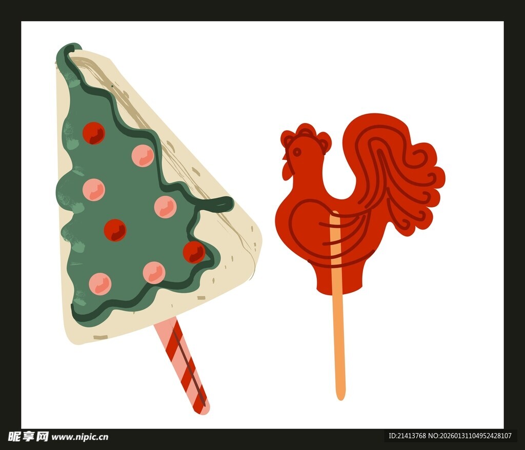 圣诞树与公鸡造型棒棒糖