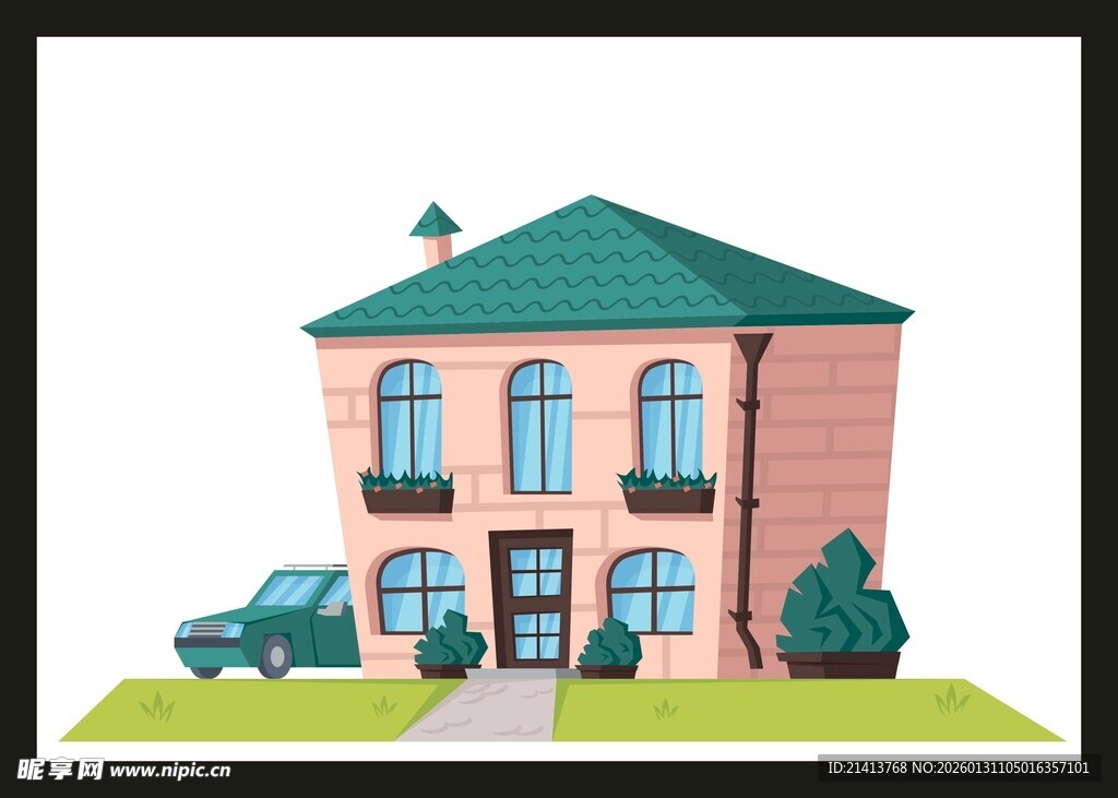 两层住宅旁停着一辆车