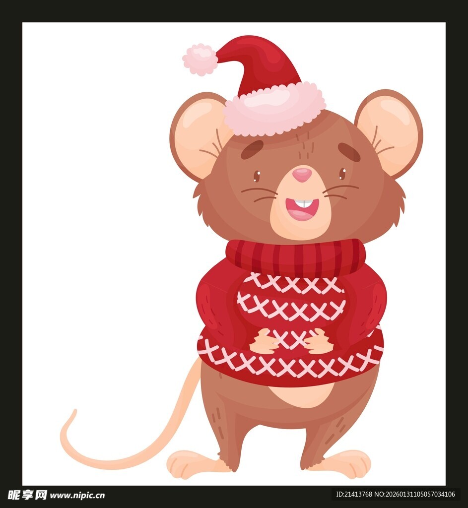 戴圣诞帽穿毛衣的可爱小鼠