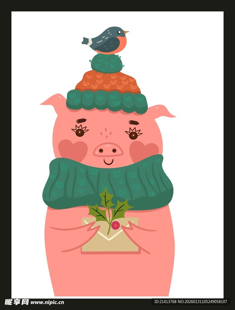 戴帽小猪与小鸟和绿植