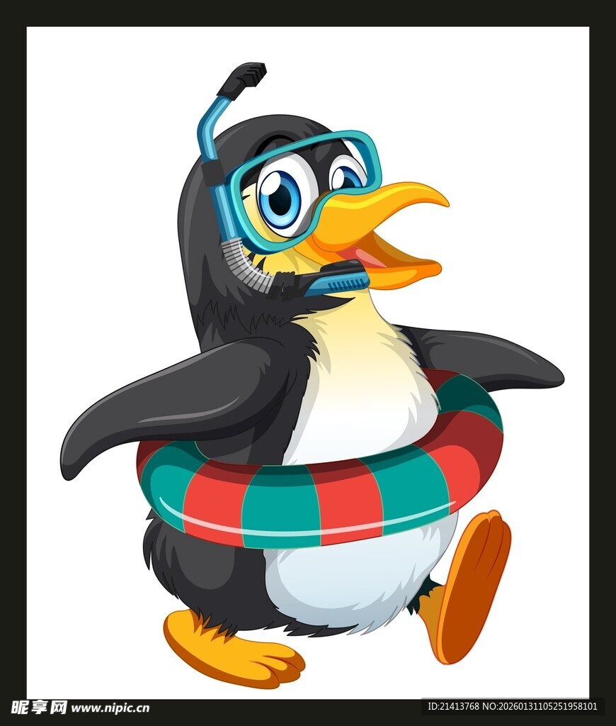 戴泳镜套泳圈的可爱企鹅