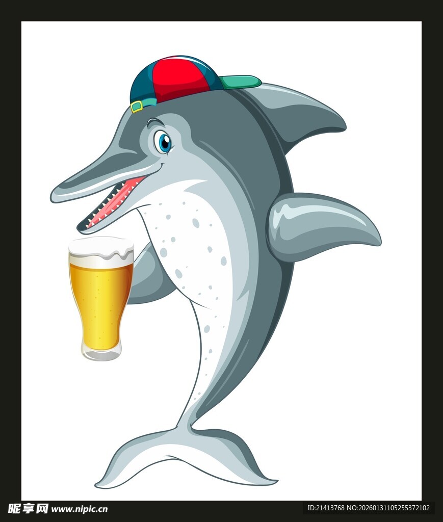 戴帽海豚手持啤酒杯