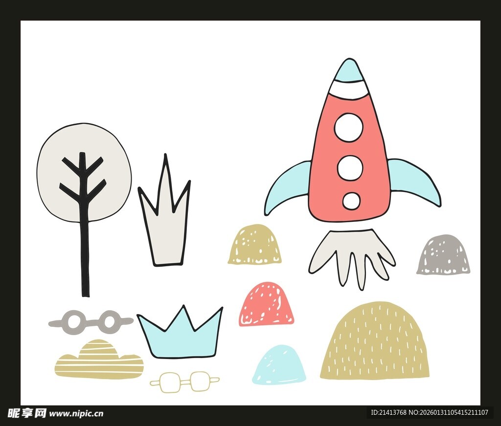 卡通风格火箭与自然元素