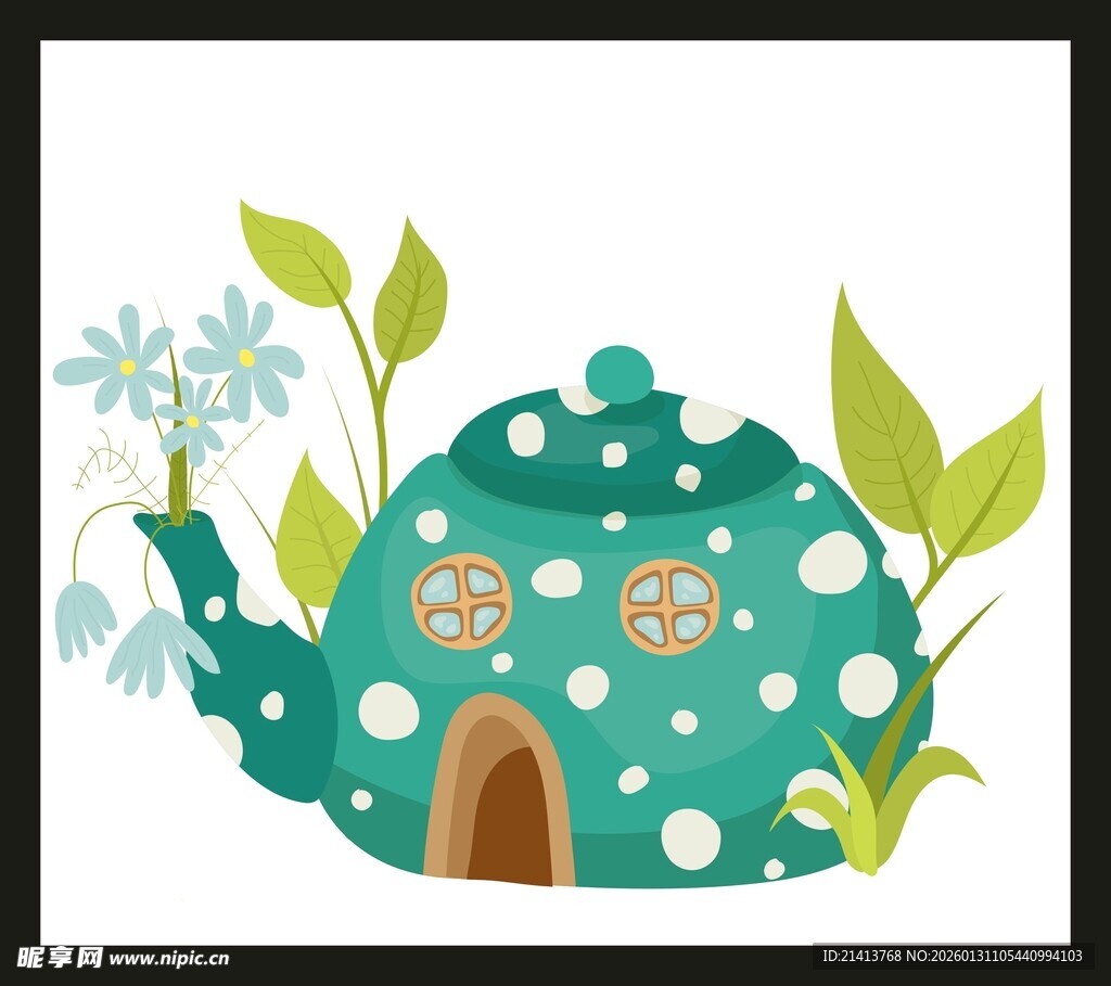 童话风绿植茶壶小屋插画