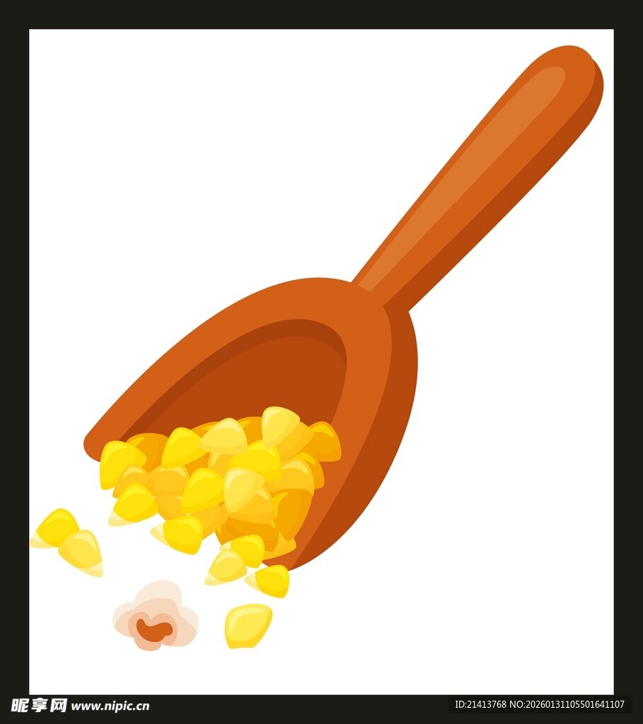 木勺中的玉米粒洒落
