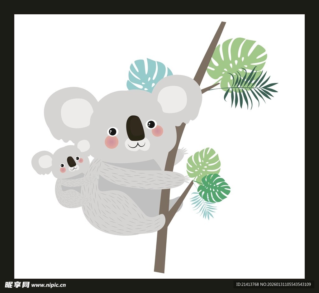 考拉母子依偎在树枝上