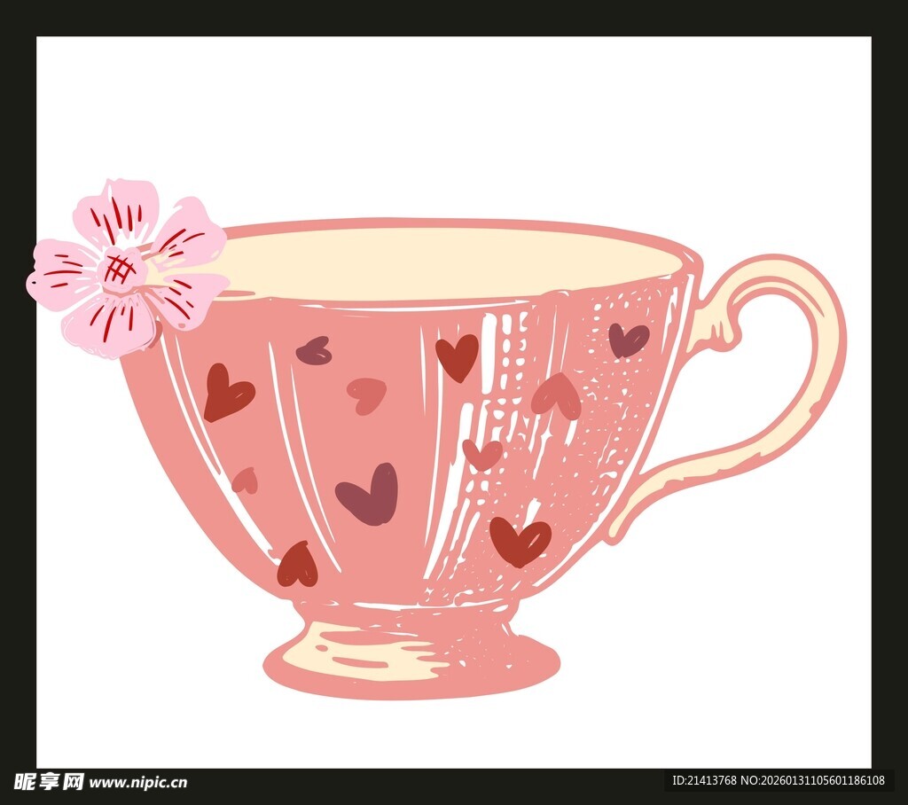 粉色爱心花纹茶杯插画