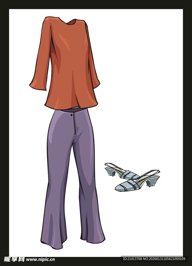 橙色上衣配紫色喇叭裤套装