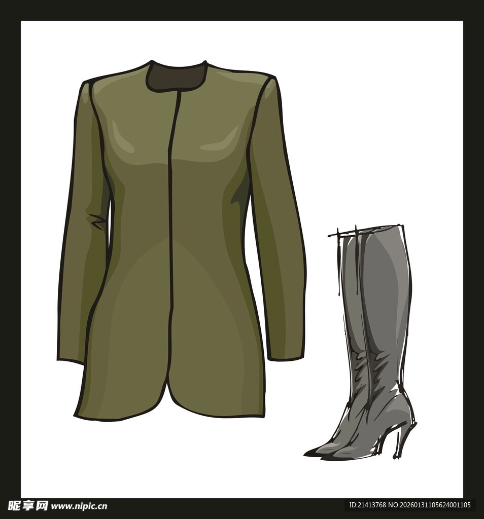 橄榄绿外套配高跟长靴