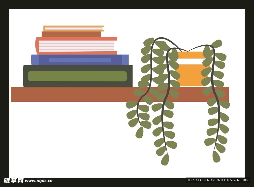 书架上的书籍与垂挂绿植