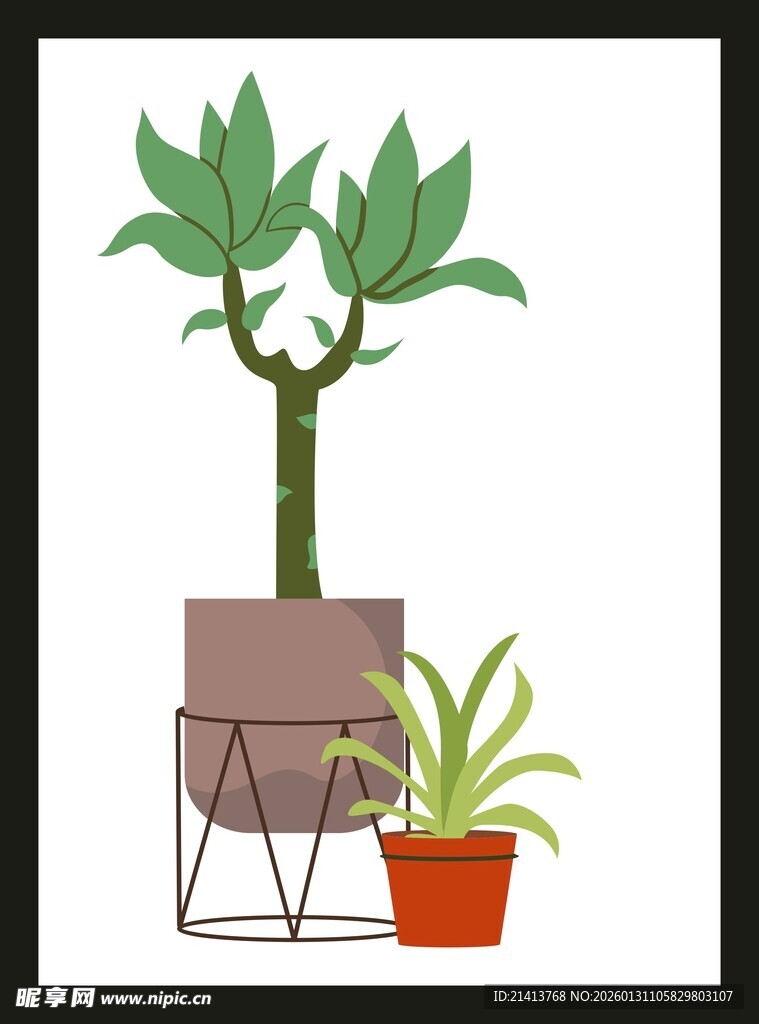 悬挂鸟笼与盆栽装饰画