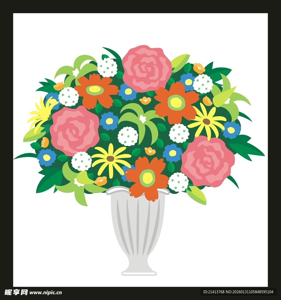 花瓶中插满蓝白花朵