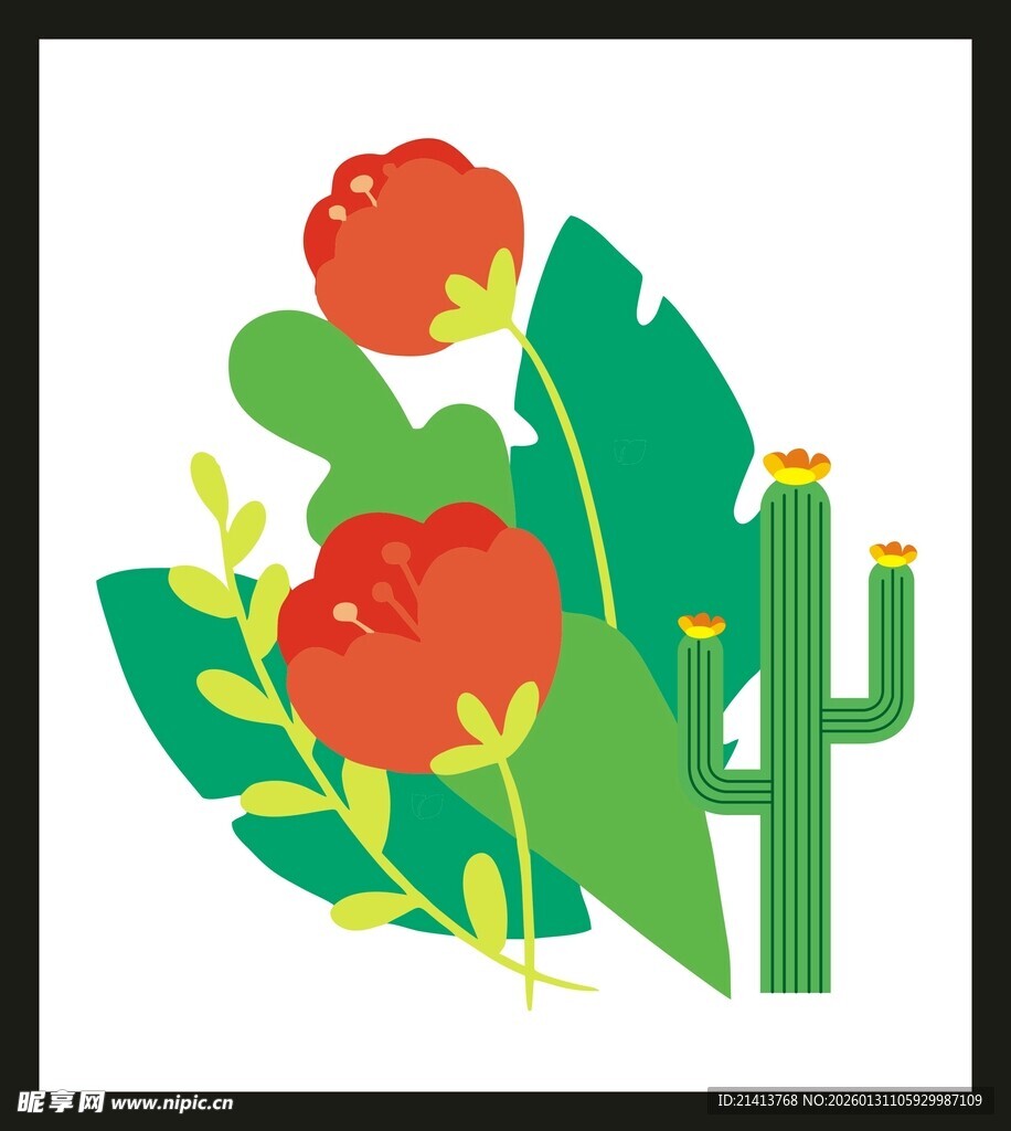 手绘仙人掌与艳丽花朵