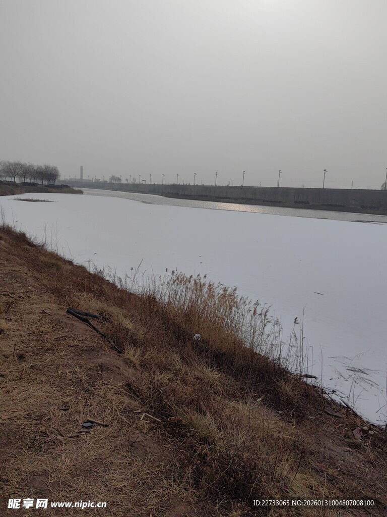 冬日冰封河岸景象