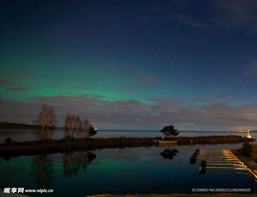 湖畔夜景中的绚丽极光倒影