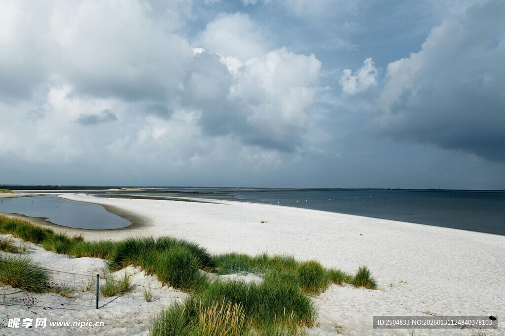 海滨风光 白沙绿草与蓝天