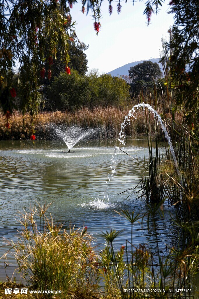 湖畔喷泉景观 自然之美