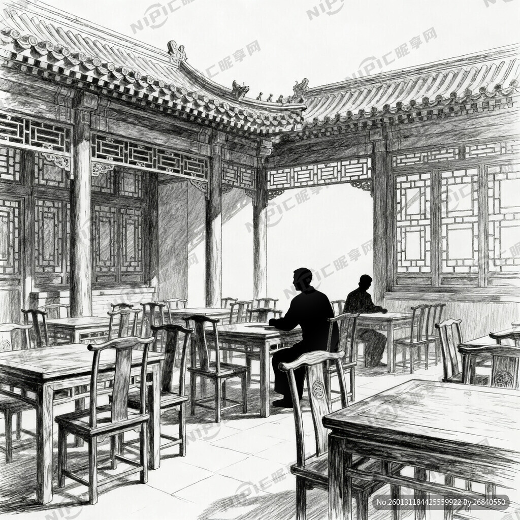 老舍茶馆 黑白线稿