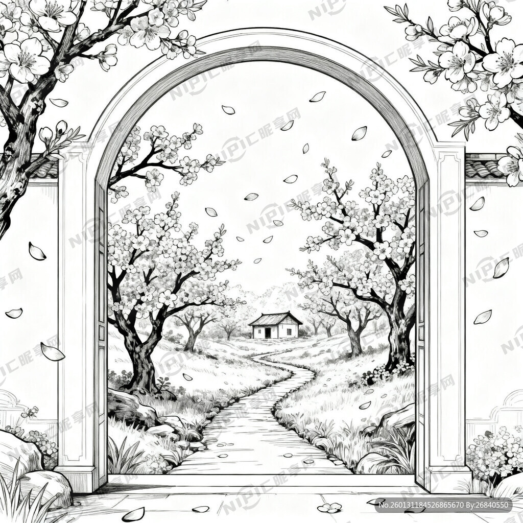 进门桃花源 黑白线稿