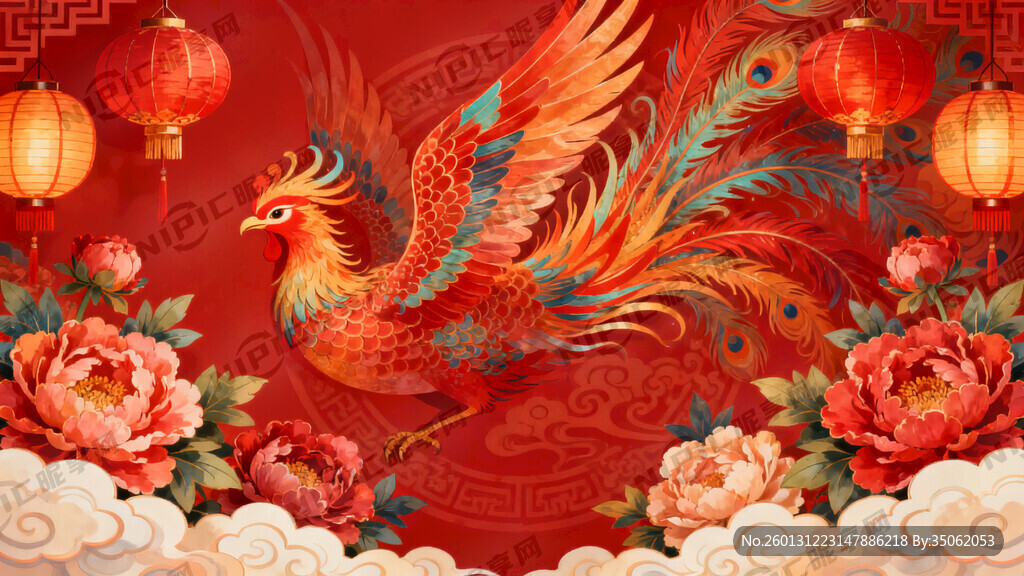 红色喜庆 凤凰背景 牡丹花