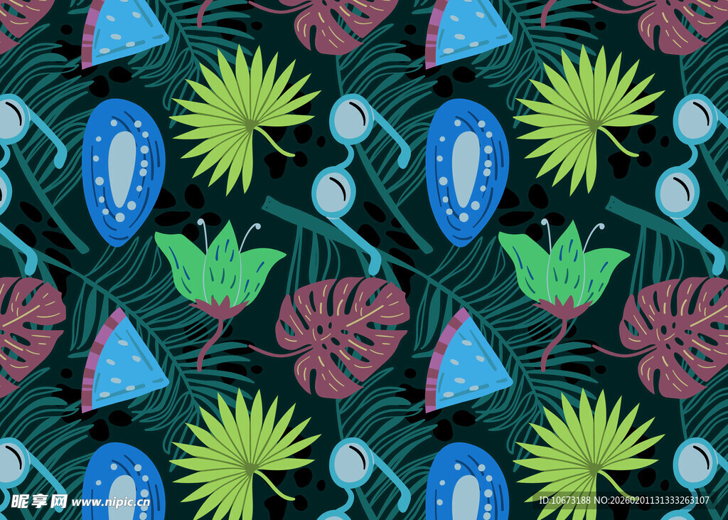 热带植物图案的多彩设计