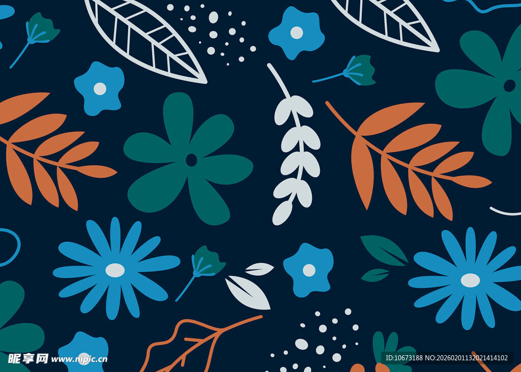 深蓝色底多彩花卉植物图案