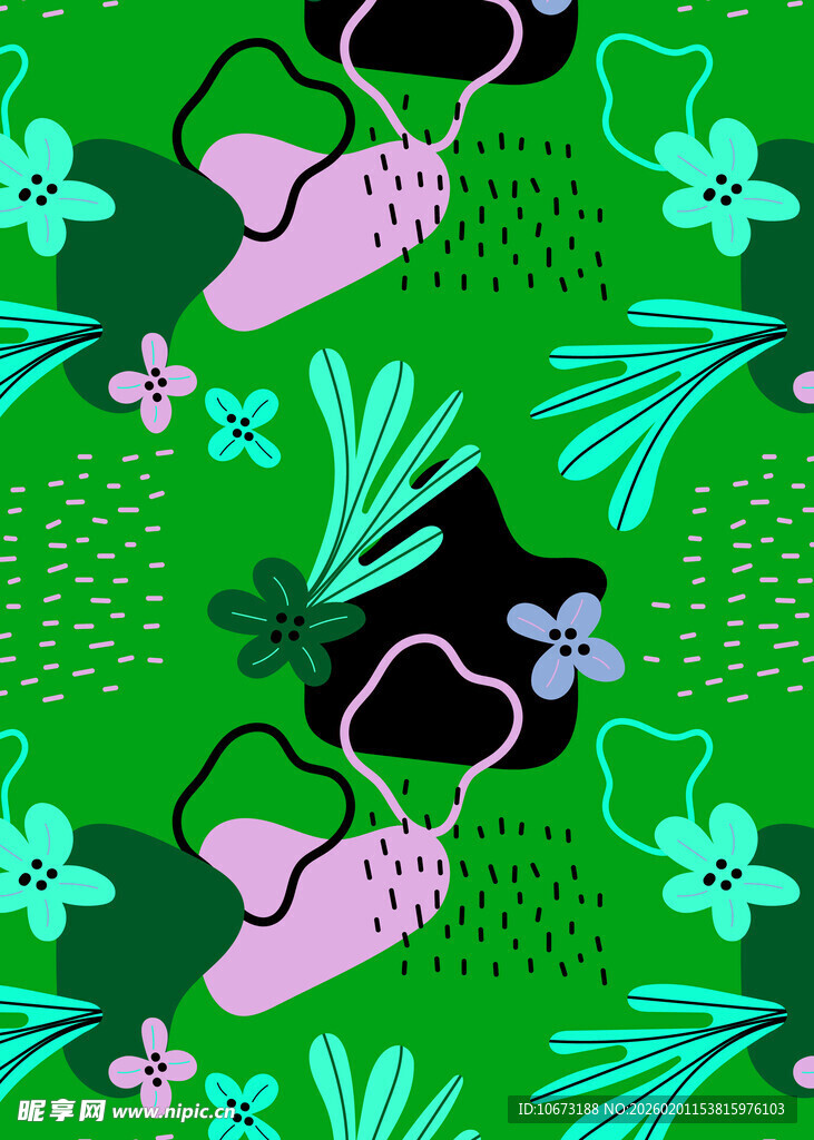 绿色背景的花卉与鞋子图案