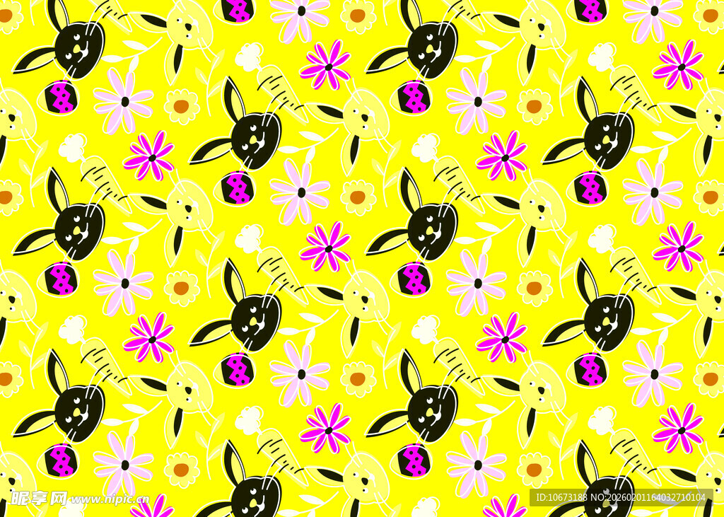 黄色背景猫咪花卉图案