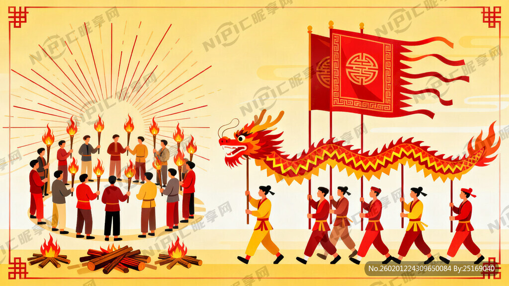 火把节和游神赛会标旗 烧龙