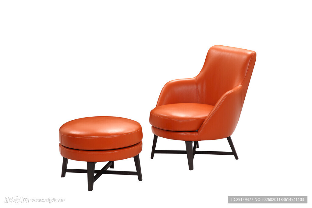 橙色皮艺单人椅与脚凳