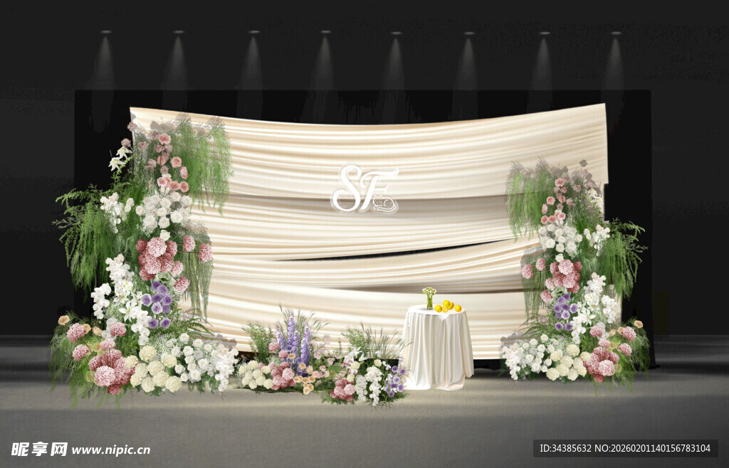 香槟色迎宾浪漫花卉婚礼舞台布置