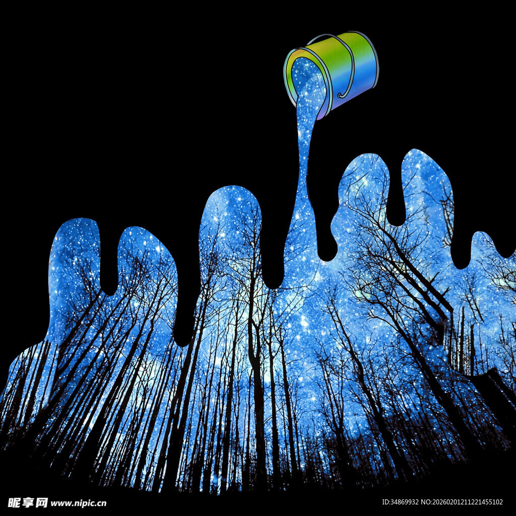 蓝色油漆桶倾倒创意图像