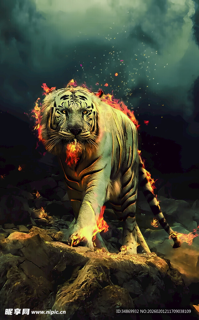 火焰环绕的威猛老虎