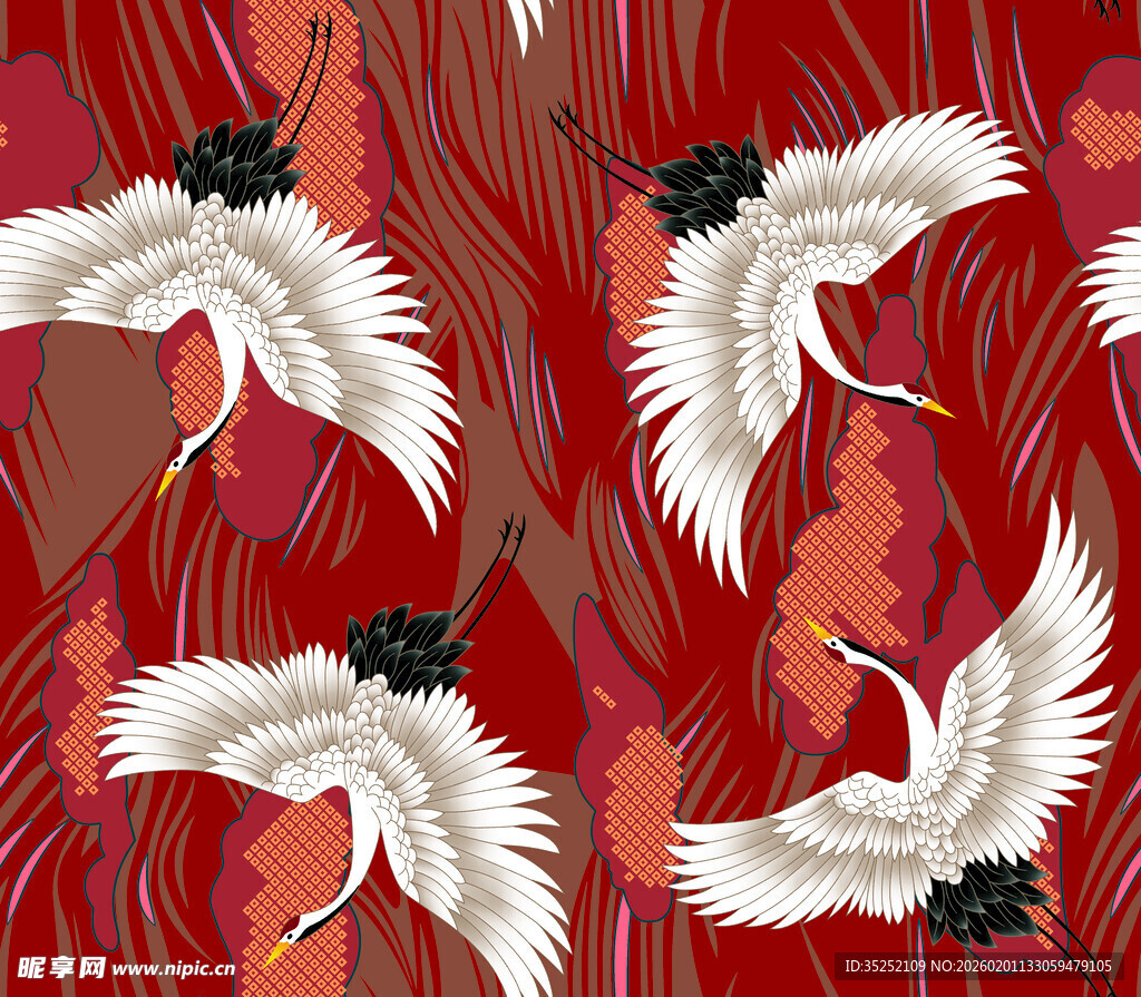 红底仙鹤飞舞图案