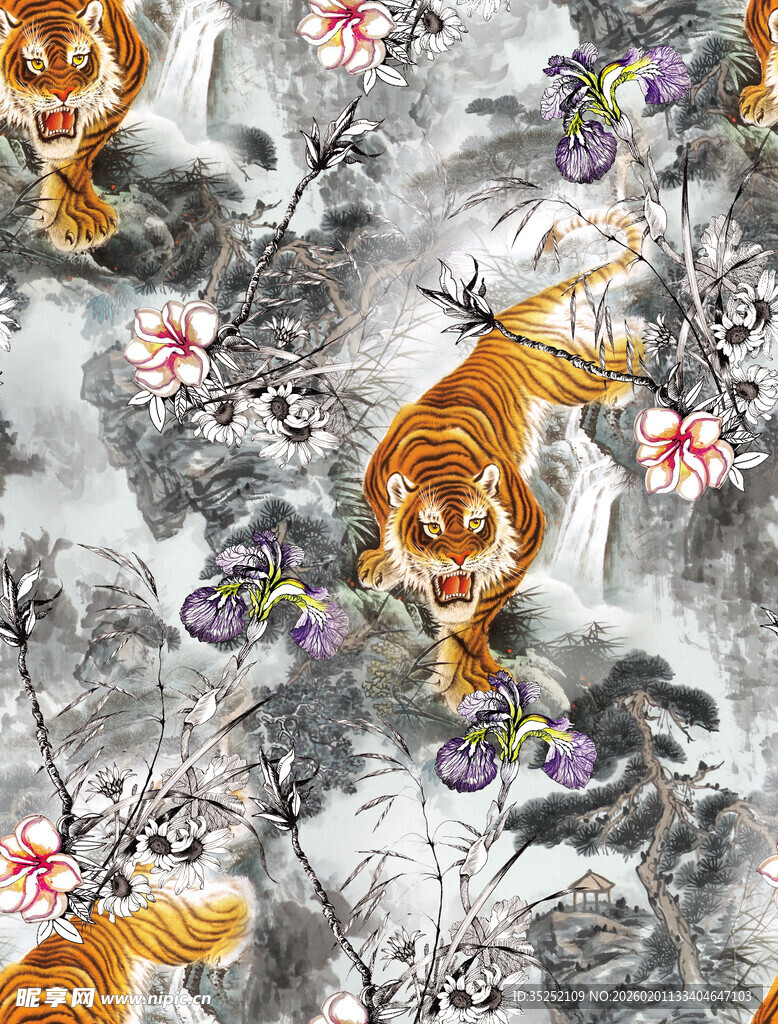 水墨风虎与花卉图案