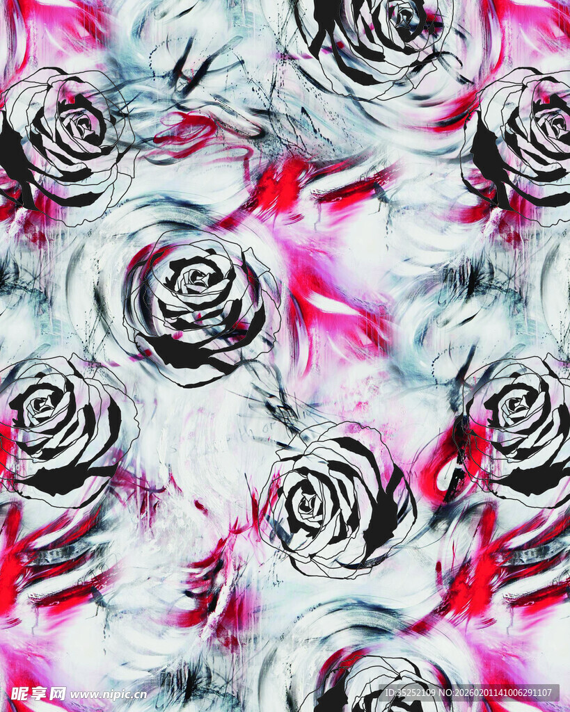 黑白玫瑰与粉色背景图案
