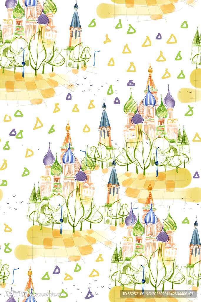 梦幻水彩风童话城堡图案