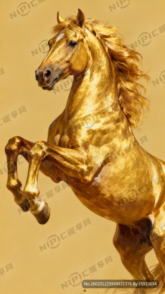 金色骏马抬前蹄跨越的形象 竖版