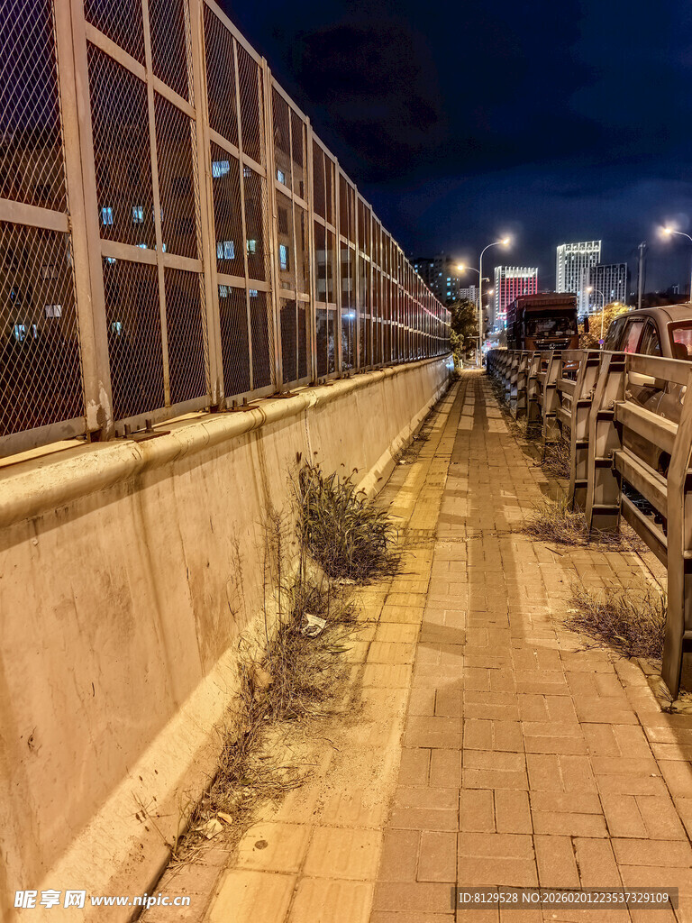 夜晚河边的行人步道