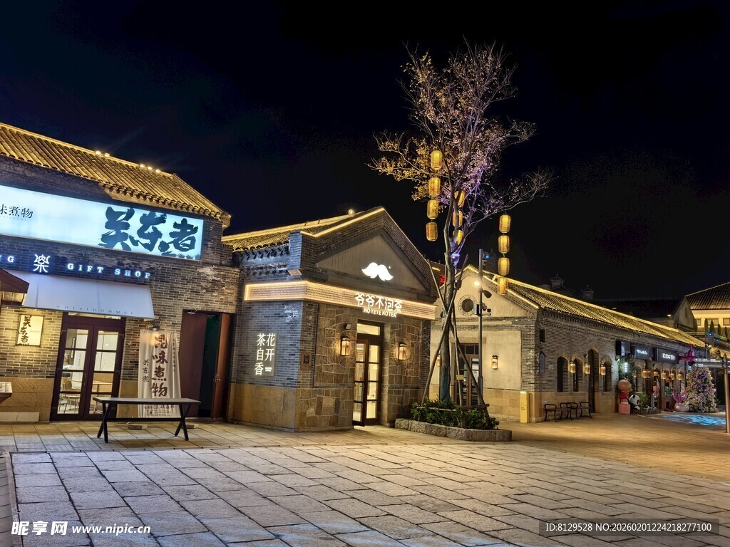 夜晚商业街店铺灯光景致