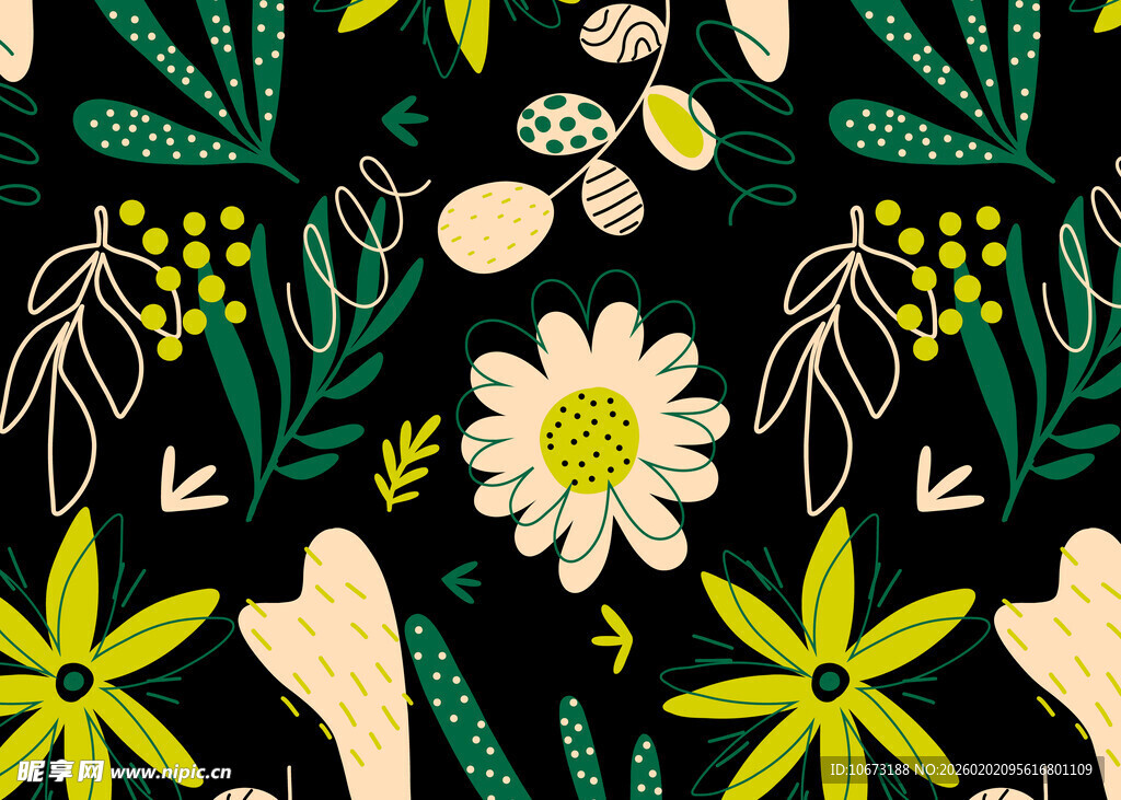 黑色背景的清新花卉图案