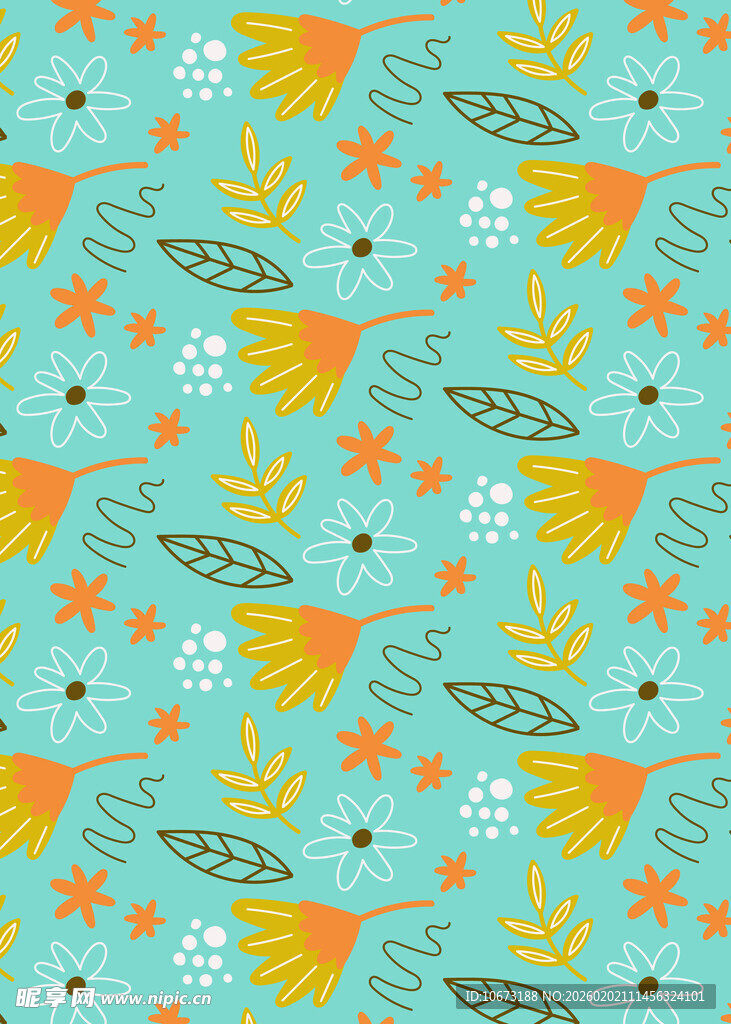 清新蓝底花卉叶子图案