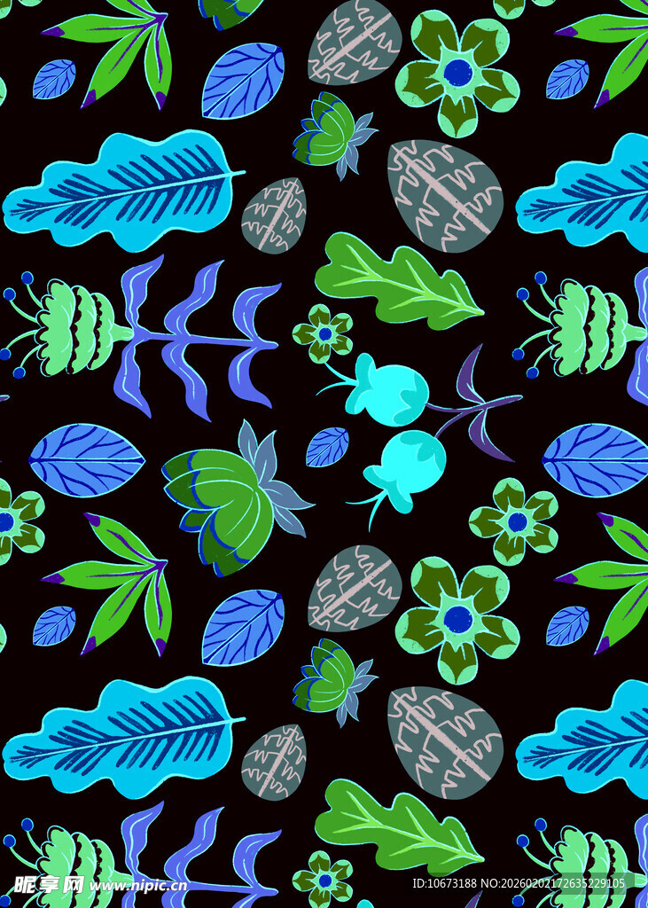 黑色背景多彩植物昆虫图案